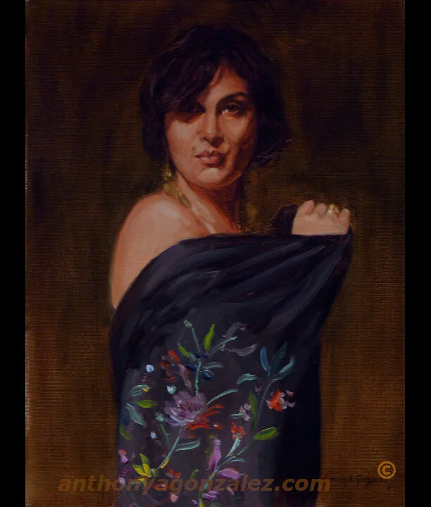 Flowered Shawl — figurative oil painting by Anthony A. González