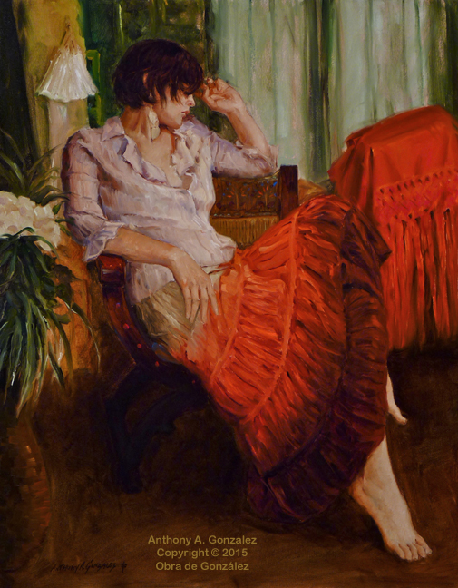 Figurative oil painting by Anthony A. González — woman in ornate jeweled headpiece and dark garments, reclining in quiet contemplation
